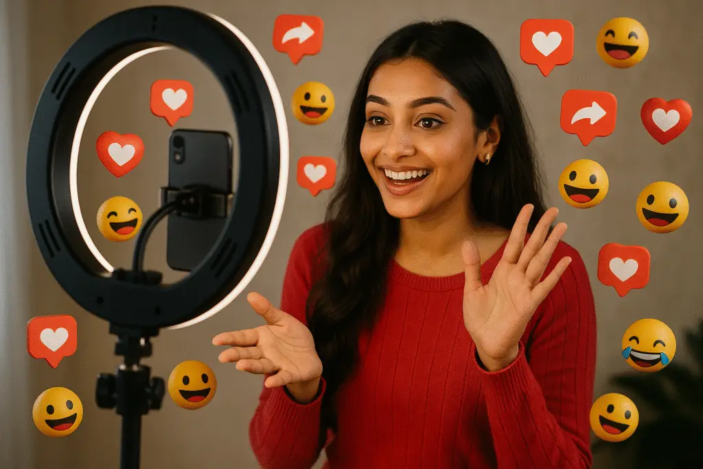 Young Indian woman creating social media content with a smartphone and ring light, surrounded by floating emojis and engagement icons like hearts, likes, and shares.