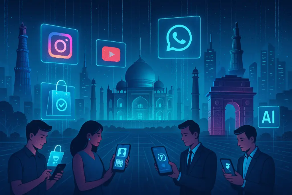 Illustration of the future of digital marketing in India showing people using smartphones with icons of Instagram, YouTube, WhatsApp, AI, and e-commerce floating in the sky, with landmarks like the Taj Mahal and India Gate in the background.