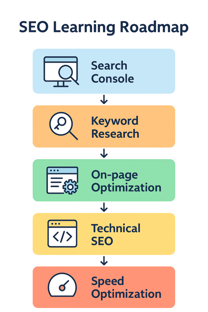 Step-by-step SEO learning roadmap for digital marketing beginners in 2025.