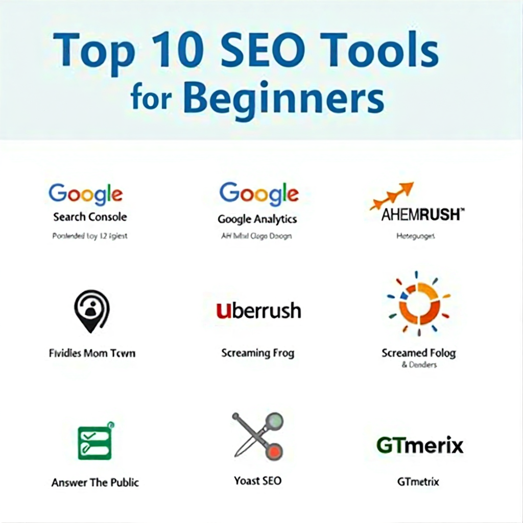 Top 10 SEO tools for digital marketing beginners with logos and features in 2025.