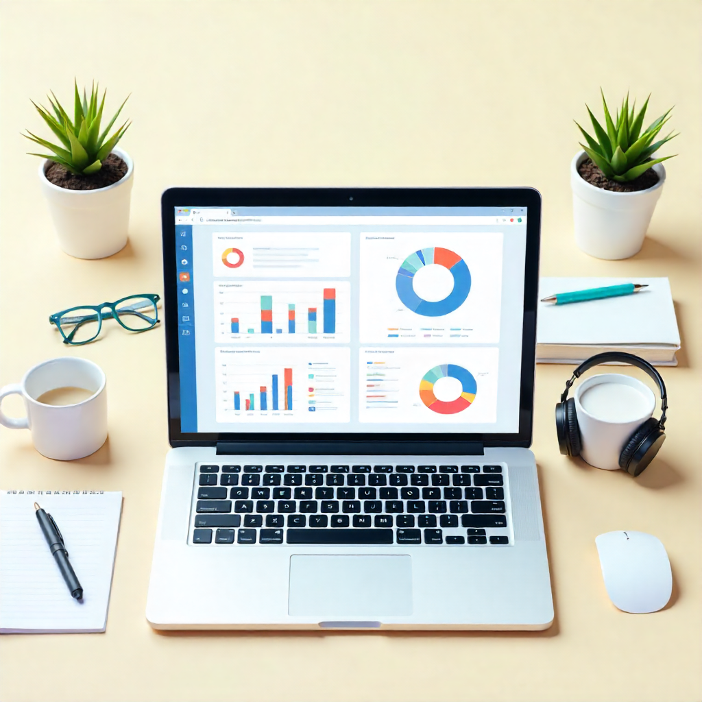 Digital marketing beginner using SEO tools on a laptop with analytics and keyword icons.