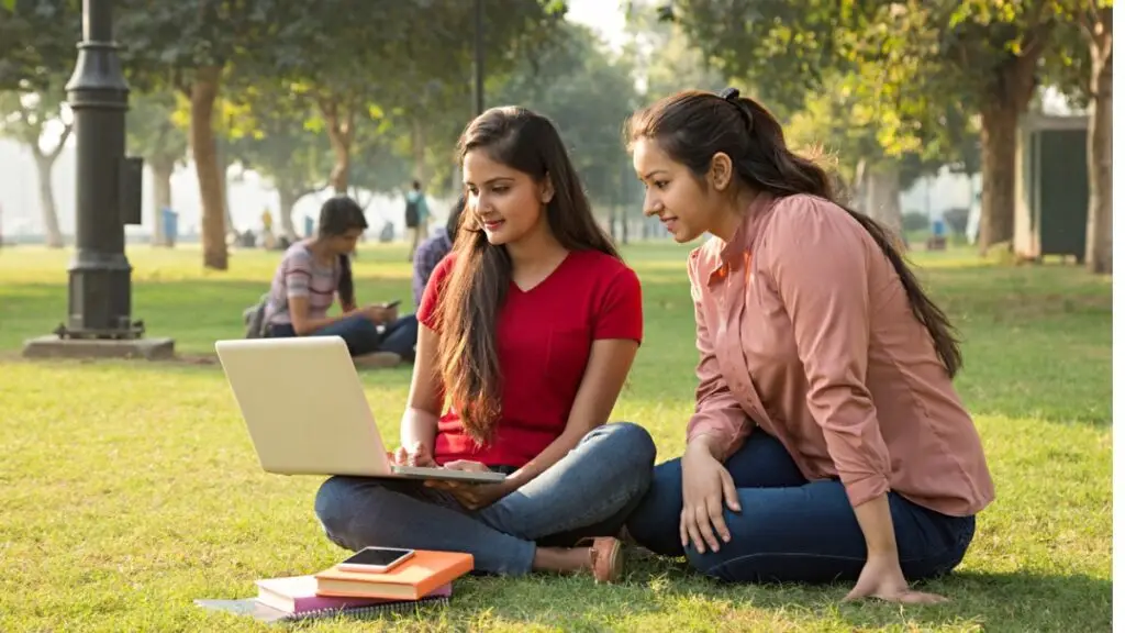Two students sitting on campus lawn studying together on a laptop.