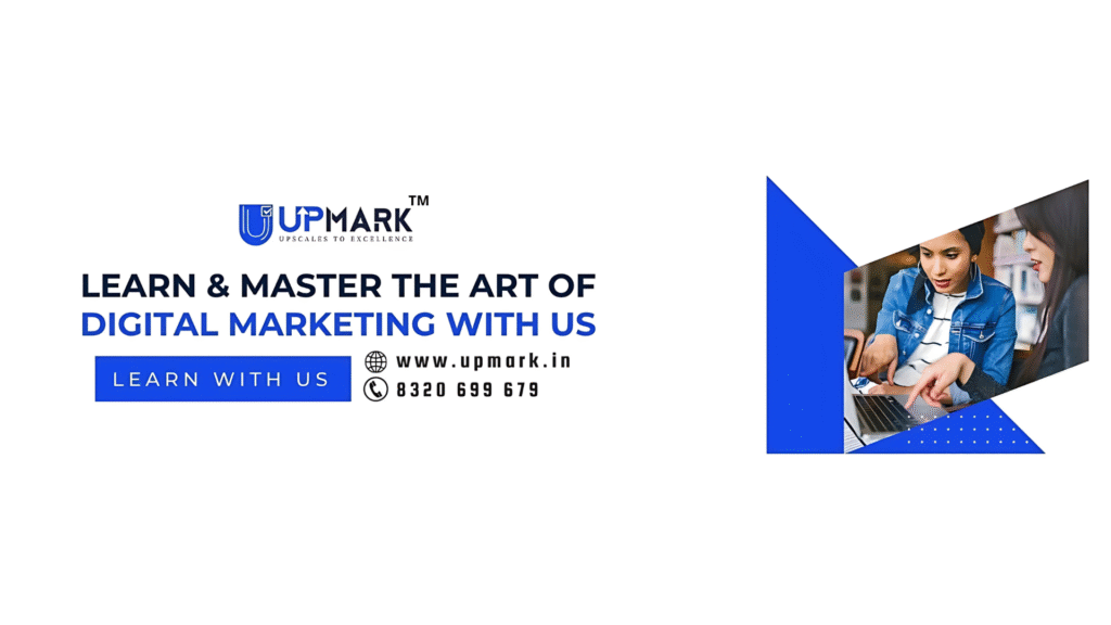 Students learning digital marketing at Upmark Institute with a laptop, promoting “Learn & Master the Art of Digital Marketing with Us” along with website and contact details.
