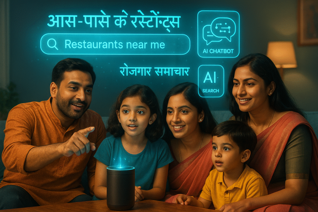 Indian family using a smart speaker with holographic AI search results, voice assistant, and chatbot icons displaying queries like “Restaurants near me” and “Job news” in Hindi and English.