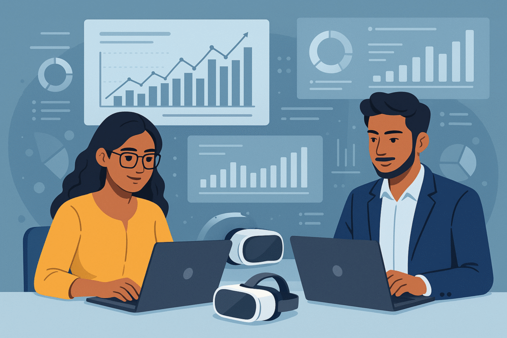 Illustration of two Indian professionals working on laptops with VR headsets on the table and digital graphs, charts, and data analytics in the background, symbolizing the future of digital marketing and workplace innovation.