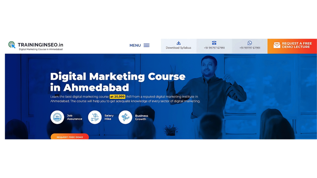 Banner for TraininginSEO.in promoting a digital marketing course in Ahmedabad with details about job assurance, salary hike, business growth, and an option to request a free demo lecture.