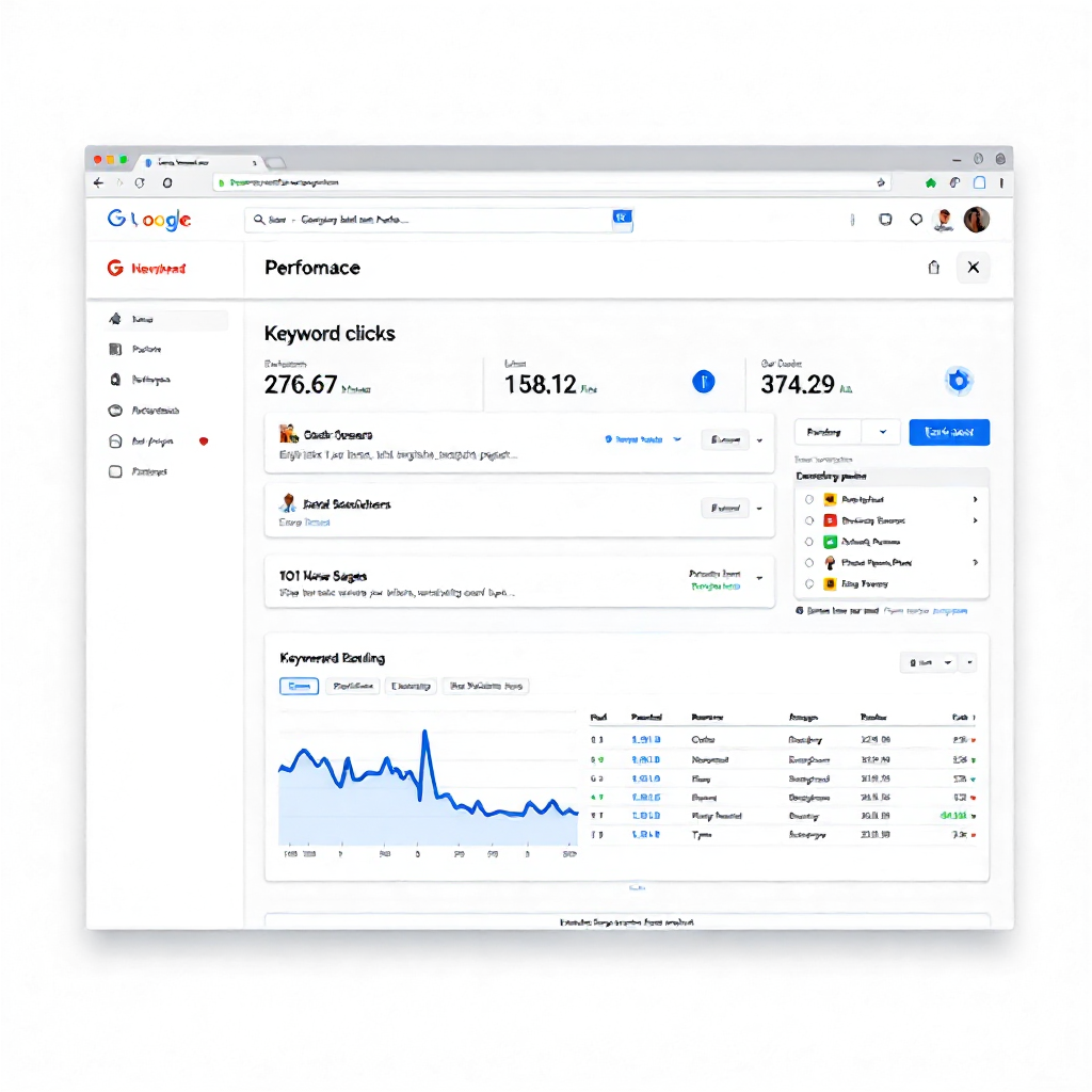 Google Search Console performance report showing keyword clicks and impressions.
