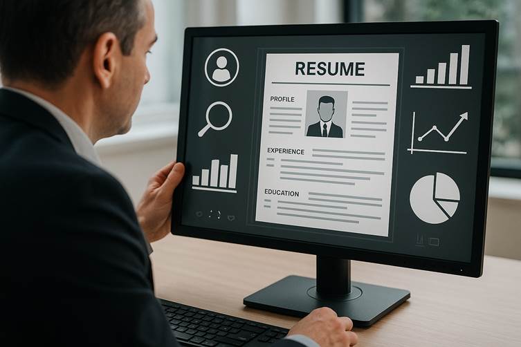 A recruiter reviewing a digital resume on a laptop with marketing analytics and SEO icons, illustrating how DM skills improve employability.