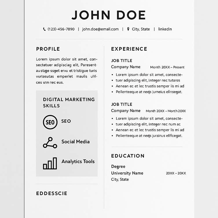 Modern resume template highlighting a digital marketing skills section with icons for SEO, content creation, and analytics tools.