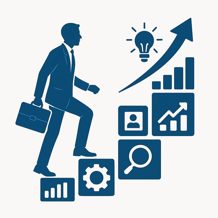 Person climbing stairs made of digital marketing icons, representing career advancement and the power of DM skills in professional growth.